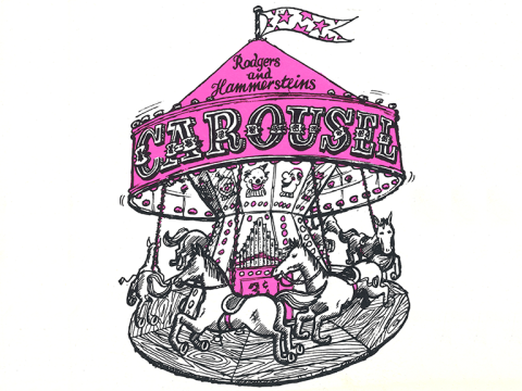A black and pink graphic of a fairground ride with text that reads Carousel.